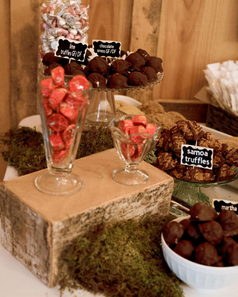 Wedding dessert display with candy and truffles