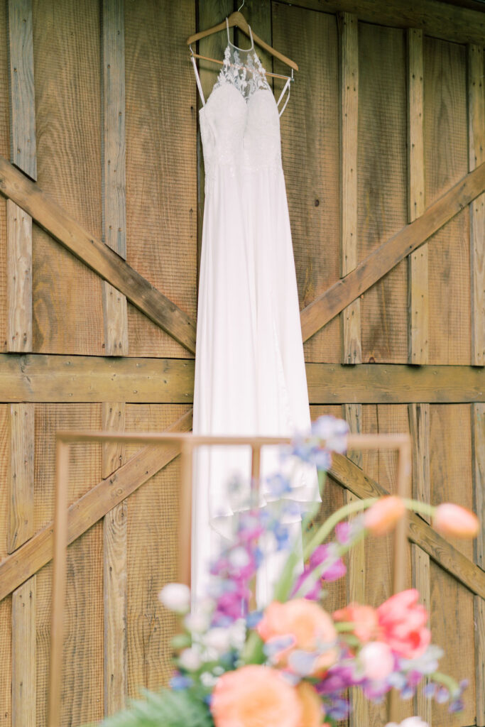 Wedding dress with bright spring flowers