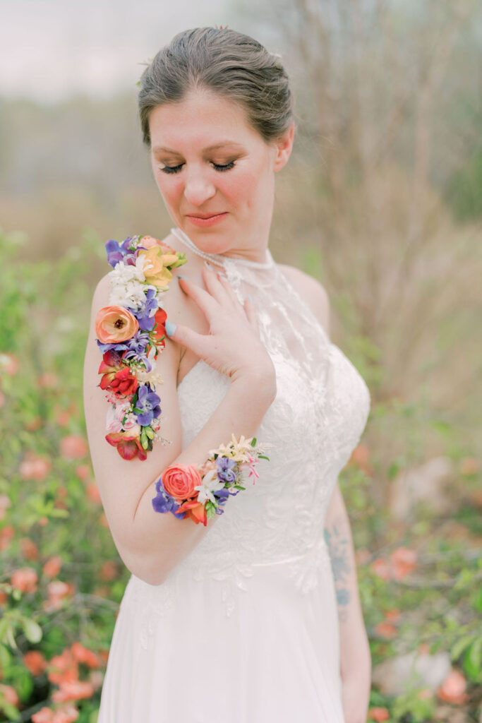 Spring bride with living flower tattoo as  a unique Spring wedding idea