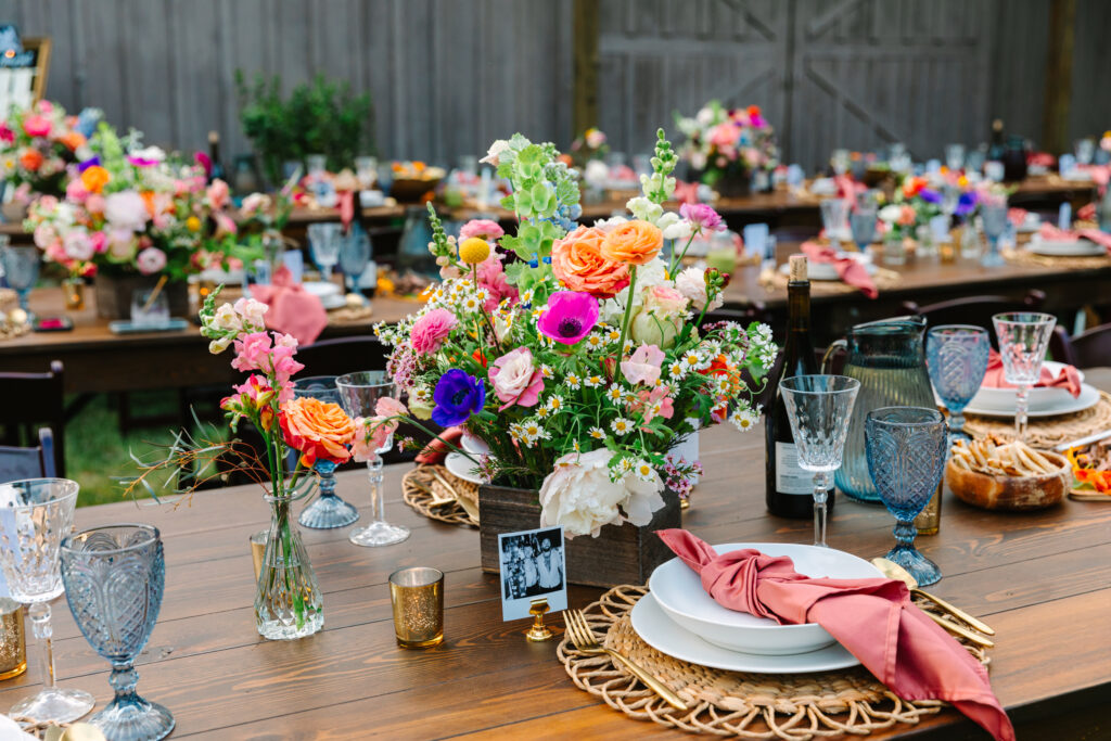 Local flowers at outdoor wedding reception